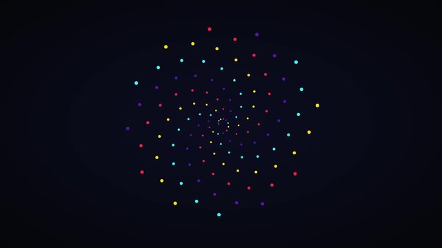 Abstract colorful particle vortex motion background, rotating digital spiral animation, glowing neon dots pattern for modern tech presentations