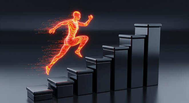 Dynamic glowing human silhouette running up dark metallic stairs with motion blur effect, concept for athletic achievement, personal growth and overcoming challenges in sports and business