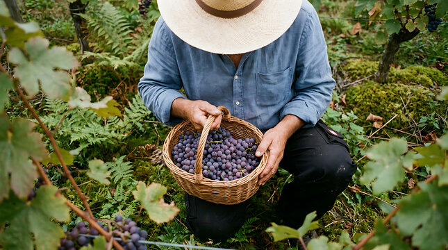 Woman Harvesting Grapes in Vineyard Italian harvest festival