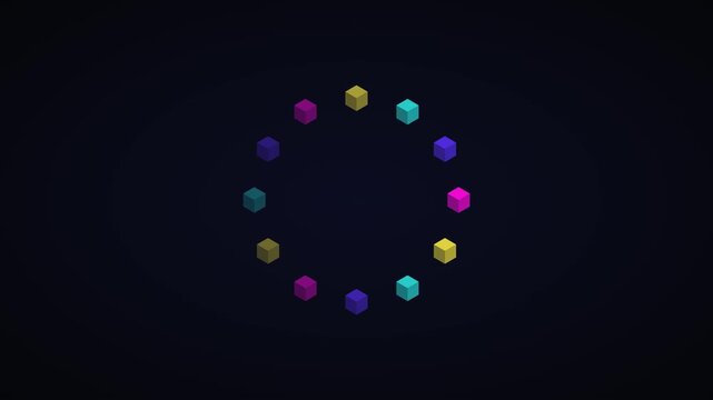 Abstract loading spinner with rotating colorful 3 d cubes on dark background, animation