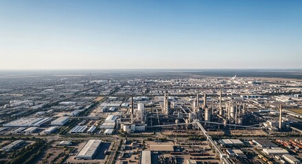 Fototapeta premium Sprawling industrial manufacturing complex with numerous smokestacks and facilities under a clear blue sky.