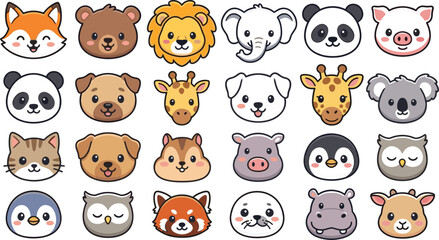 Obraz premium Cute Cartoon Animal Face Collection Featuring Fox, Lion, Elephant, Panda, Penguin, Owl and Farm Animal Avatars