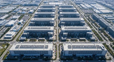 Fototapeta premium Vast Aerial View of a Modern Urban Industrial and Commercial Development with Rows of Buildings