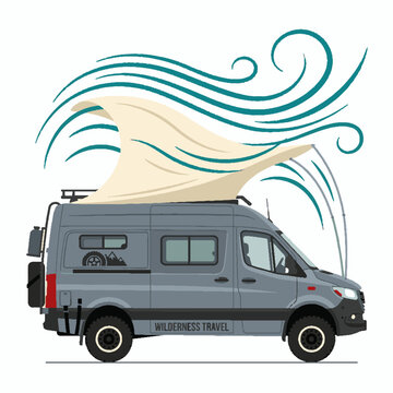 Modern grey camper van illustration with decorative wind swirls and mountain graphic on side panel.