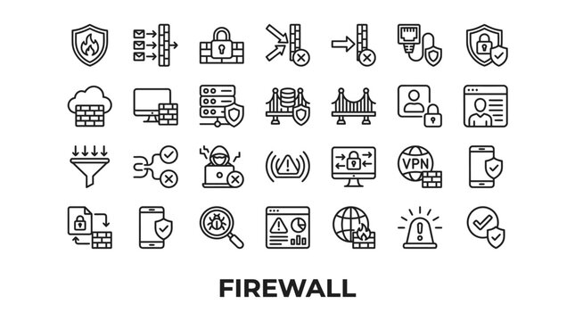 Black and white outline network firewall icon set.