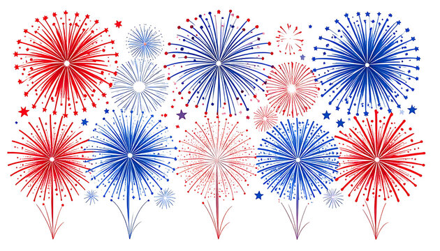 Red white and blue fireworks exploding in celebration, festive atmosphere, 4th of July concept, patriotic display