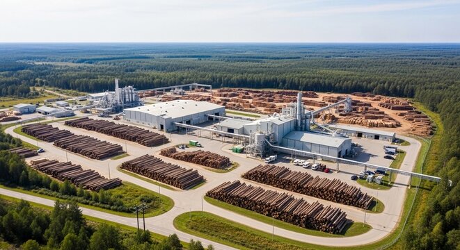 Vast industrial lumber mill complex processing abundant timber from surrounding evergreen forest, viewed from above.