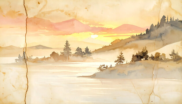 Pixel art watercolor landscape at sunset over a calm lake with rolling hills and trees, vintage textured paper effect