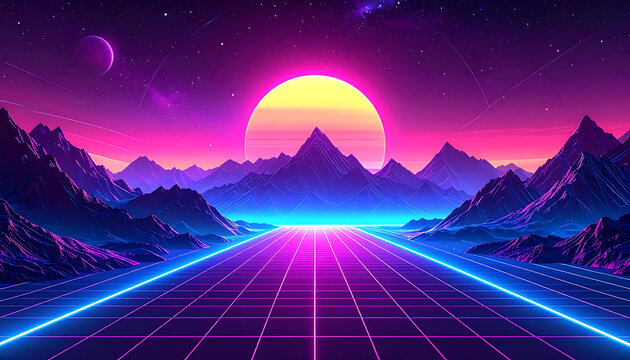 Retro 80s synthwave landscape with glowing neon grid road leading to a pixelated sun over mountains, outer space theme