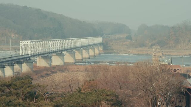 The Steel Truss Structure of the Imjingang Railroad Bridge and Nearby Destroyed Piers in Paju near the DMZ