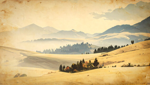 Pixelated landscape painting of rolling hills and misty mountains with golden fields in the foreground, vintage textured background