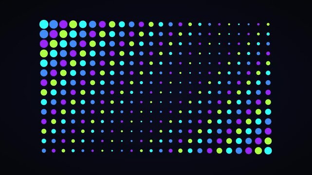 Abstract neon dot grid motion background, pulsing digital circle pattern in cyan and lime green