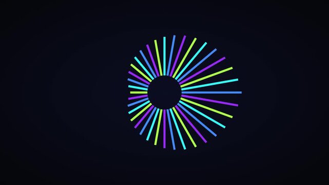 Abstract neon radial pulse animation, glowing colorful circular audio spectrum equalizer on black background