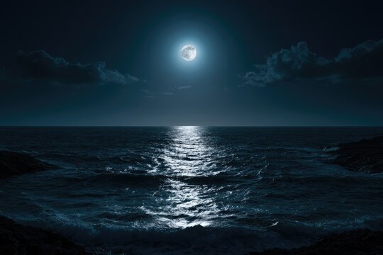 Full moon illuminates a vast ocean with a shimmering path of light