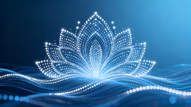 Digital lotus flower composed of glowing dots on a wavy blue background