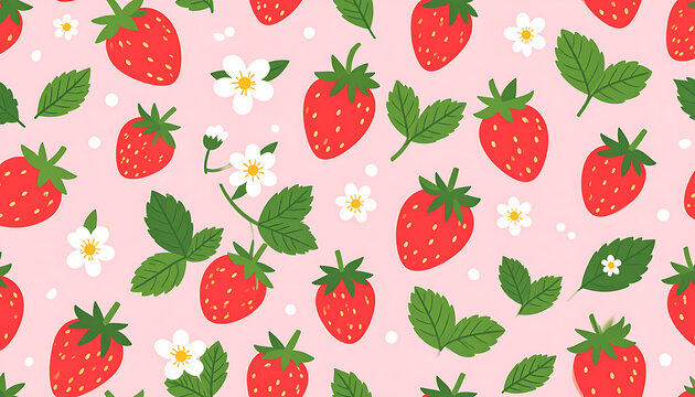 Pixelated strawberry pattern with small white flowers and green leaves on a soft pink background, seamless repeat for fabric or wallpaper