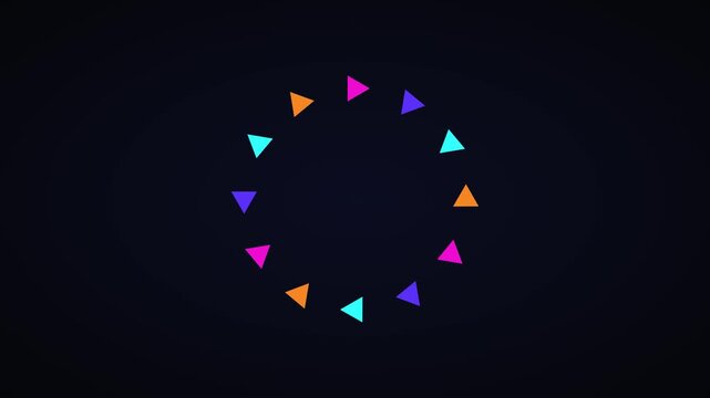 Colorful geometric loading circle animation with rotating neon triangles on dark background, motion circle