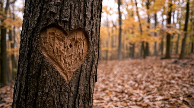 Heart carved into rough tree bark in a vibrant autumn forest