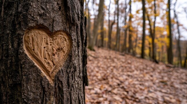 Heart carved into tree bark in autumn forest with fallen leaves