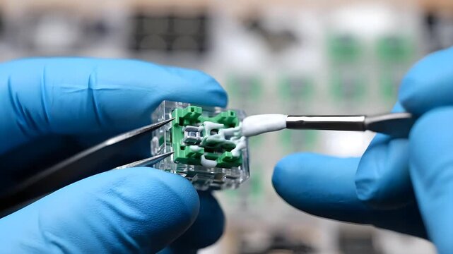 Gloved hands using tweezers and a cotton swab to apply white lubricant to a green mechanical keyboard switch