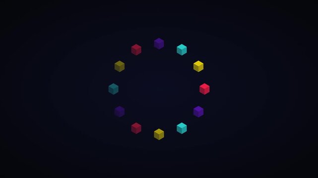 Minimalist abstract loading spinner with rotating colorful 3 d cubes on dark background, motion animation