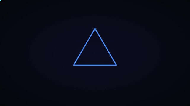 Minimalist blue neon triangle glowing on dark background, abstract geometric shape motion