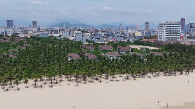 Daytime Aerial Drone Establishing of Sandy Beach with Palm Trees Resort Villas and City Skyline in Da Nang Vietnam