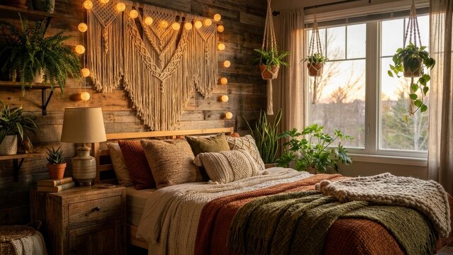 Interior Design - Cozy Bohemian Bedroom With Macrame Wall Art String Lights Rustic Wood and Hanging Plants