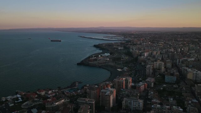 Coastal City Of Catania On The East Coast Of Sicily, Italy. Aerial Drone Shot