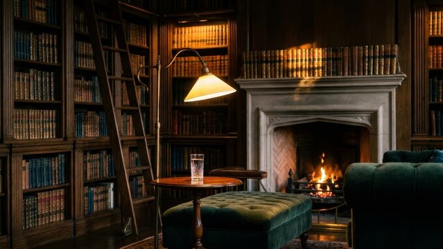 Library - Cozy Classic Home Library with Fireplace Green Velvet Ottoman Brass Floor Lamp and Antique Books