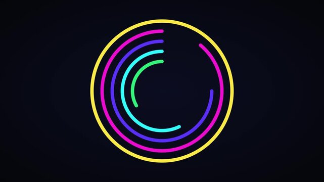 Neon circular loading animation, colorful glowing rings rotating on dark background, abstract digital interface for ui