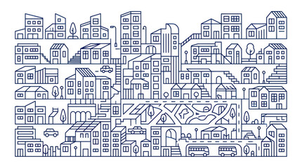 Fototapeta premium Abstract Linear Cityscape Illustration - Modern Urban Skyline with Buildings, Roads, and Cars