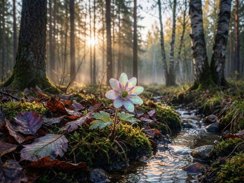 Clairi&egrave;re enchant&eacute;e dans une for&ecirc;t au lever du jour avec rayon de lumi&egrave;re dor&eacute;e traversant les arbres, fleurs sauvages en avant-plan et atmosph&egrave;re magique matinale
