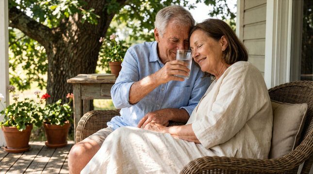 Affectionate senior couple sharing a glass of water while sitting together on a porch.