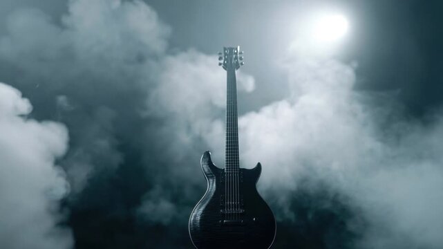 Black electric guitar standing upright on smoky dark stage with dramatic spotlight on musical instrument and atmospheric fog creating moody ambiance