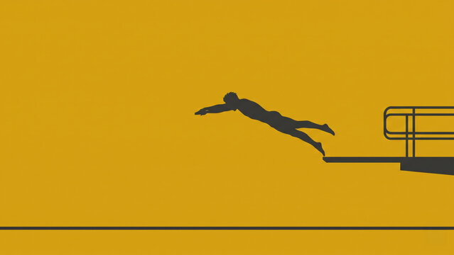 Minimalist composition of a dark silhouette of a man diving from a springboard against a solid yellow background, providing ample copy space.