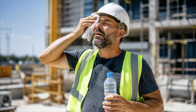 Exhausted construction worker wiping sweat and holding water bottle on sunny outdoor site