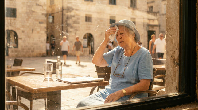 Elderly woman sitting in a cafe in an old European city feeling exhausted and wiping sweat from her forehead due to extreme heatwave