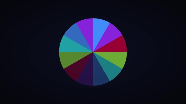 Rotating colorful circular pie chart infographic animation on dark background, data visualization business analytics