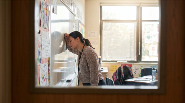 Exhausted female teacher leaning head against whiteboard in classroom; concept of professional burnout and stress in education.