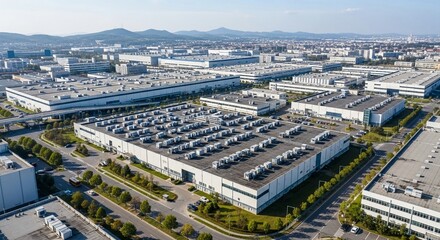 Obraz premium Expansive Aerial View of a Modern Industrial Manufacturing Facility Complex with Numerous Rooftop Units