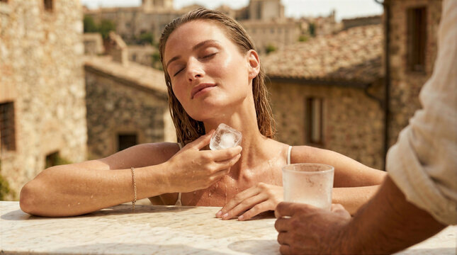 Young woman cooling her neck with an ice cube during a hot summer day in a rustic Mediterranean village