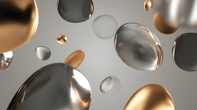 abstract metallic shapes floating, gold silver