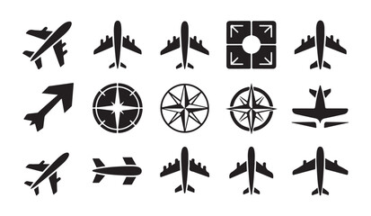 Aviation themed icons showing planes compass navigation tools and airport travel symbols. © MDABDUR