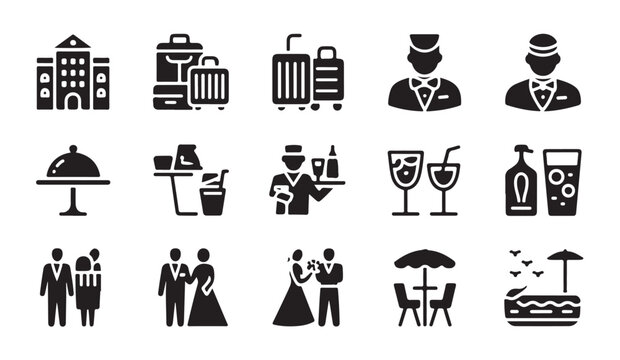 Hotel service icons for travel, accommodation and event planning.