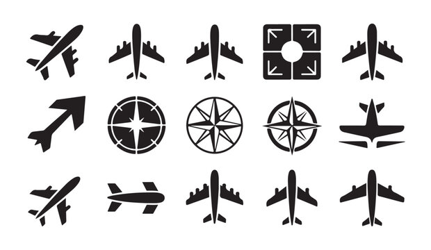 Aviation themed icons showing planes compass navigation tools and airport travel symbols.