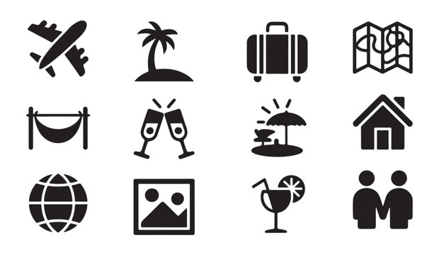 Honeymoon travel icons set showing vacation destinations with beach and transport symbols.