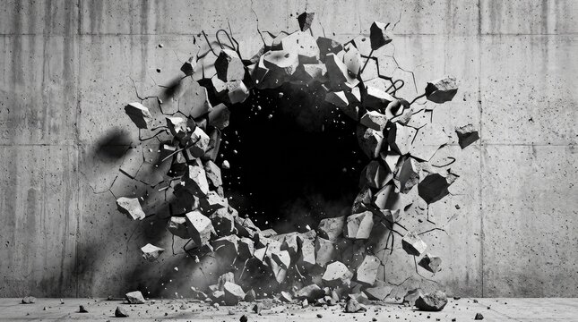 Large circular hole breaking through a solid grey concrete wall with dramatic sharp debris flying everywhere
