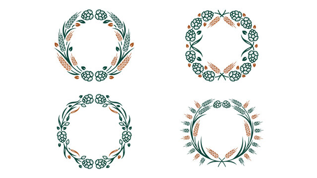 Four elegant circular wreaths made of green hops and golden wheat stalks for beer branding