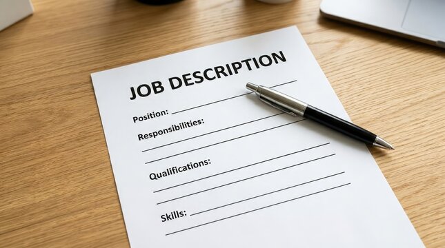 Printed job description form with a sleek metal pen resting on a light oak desk surface